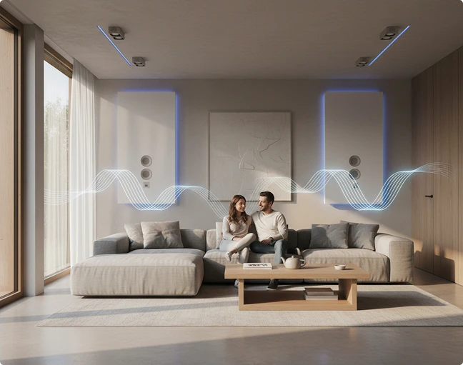 Living room with in-wall speakers and whole-home audio