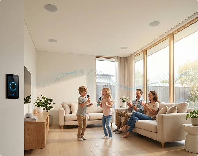 Family enjoying multi-room audio with in-ceiling speakers