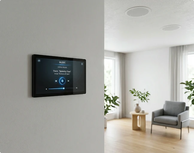 Wall-mounted touchscreen controlling music in a living room