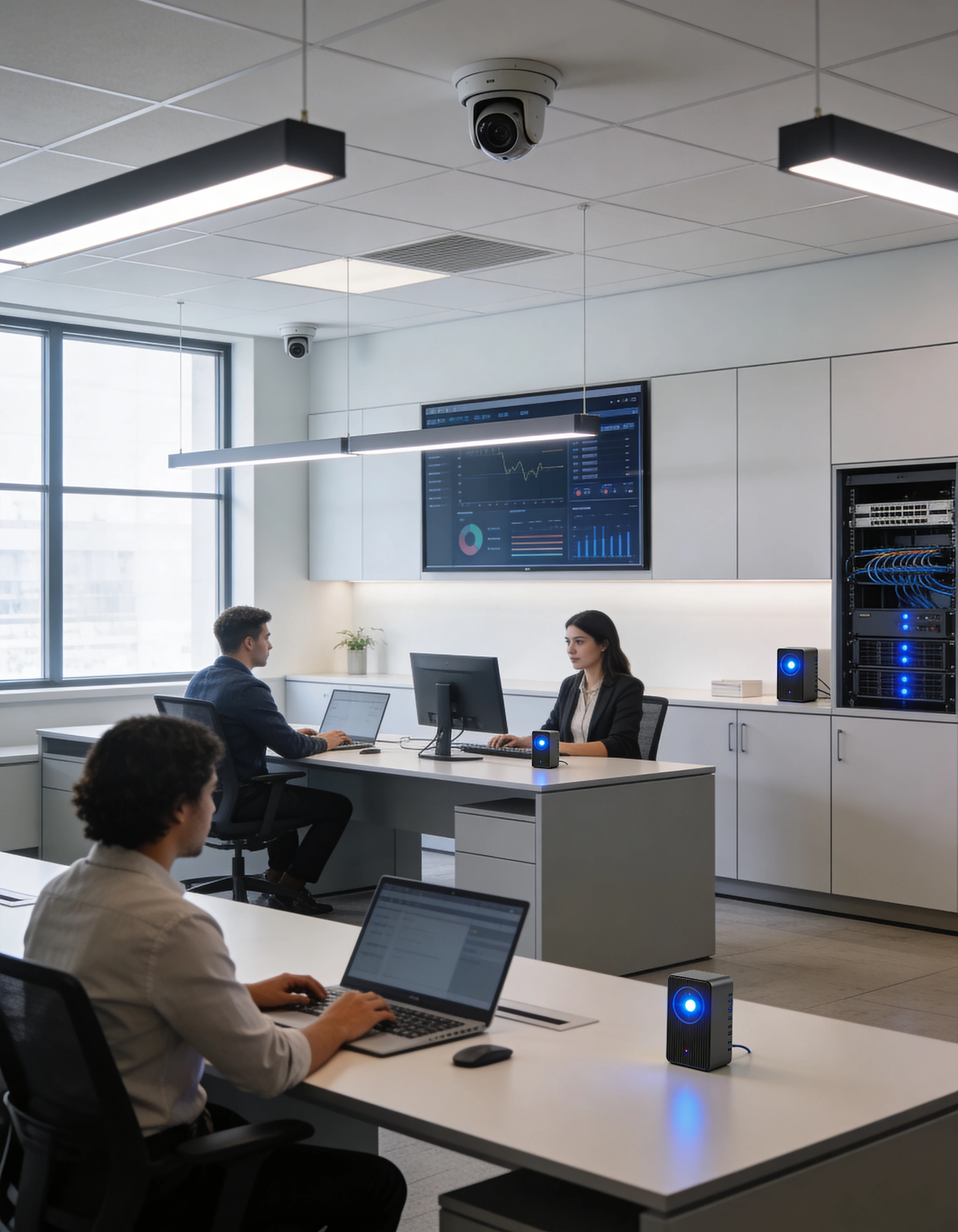 Office with security cameras and video wall
