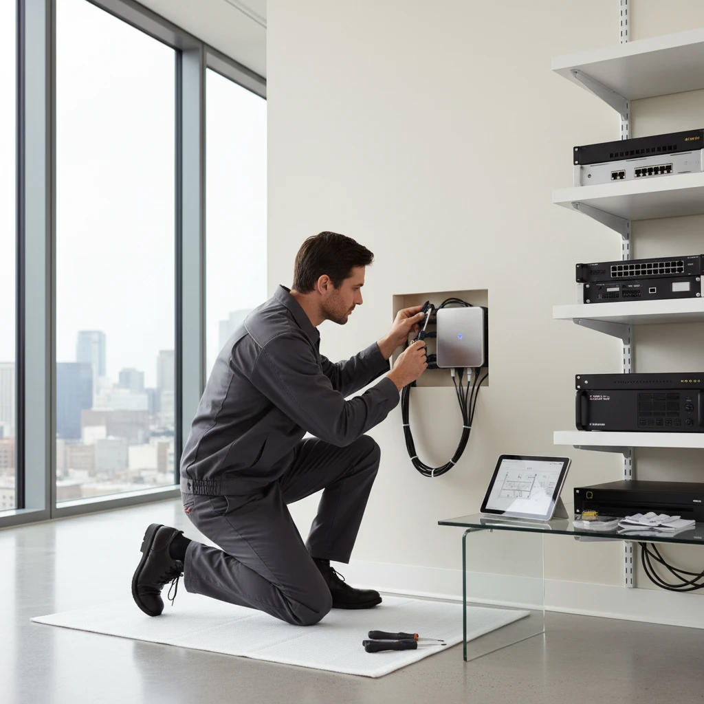 Technician installing commercial network equipment