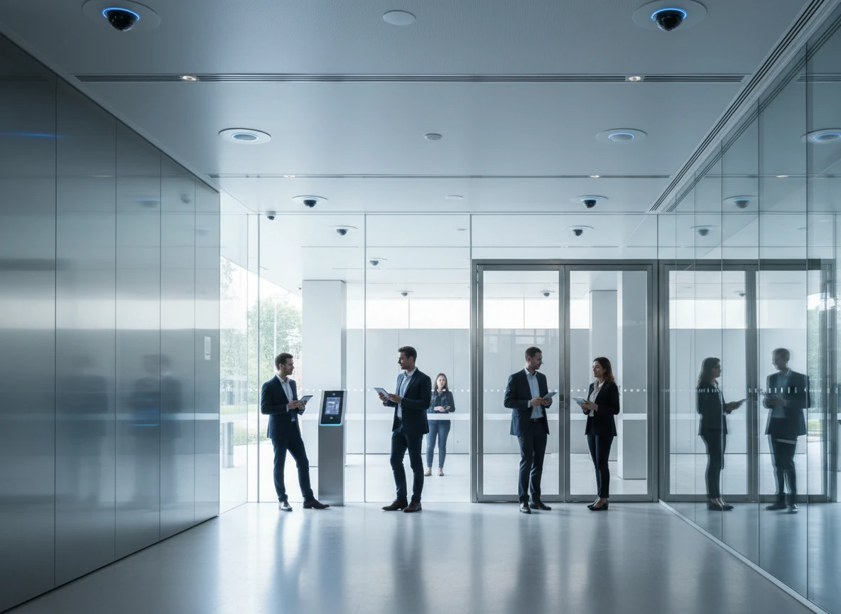 Glass office lobby with ceiling security cameras