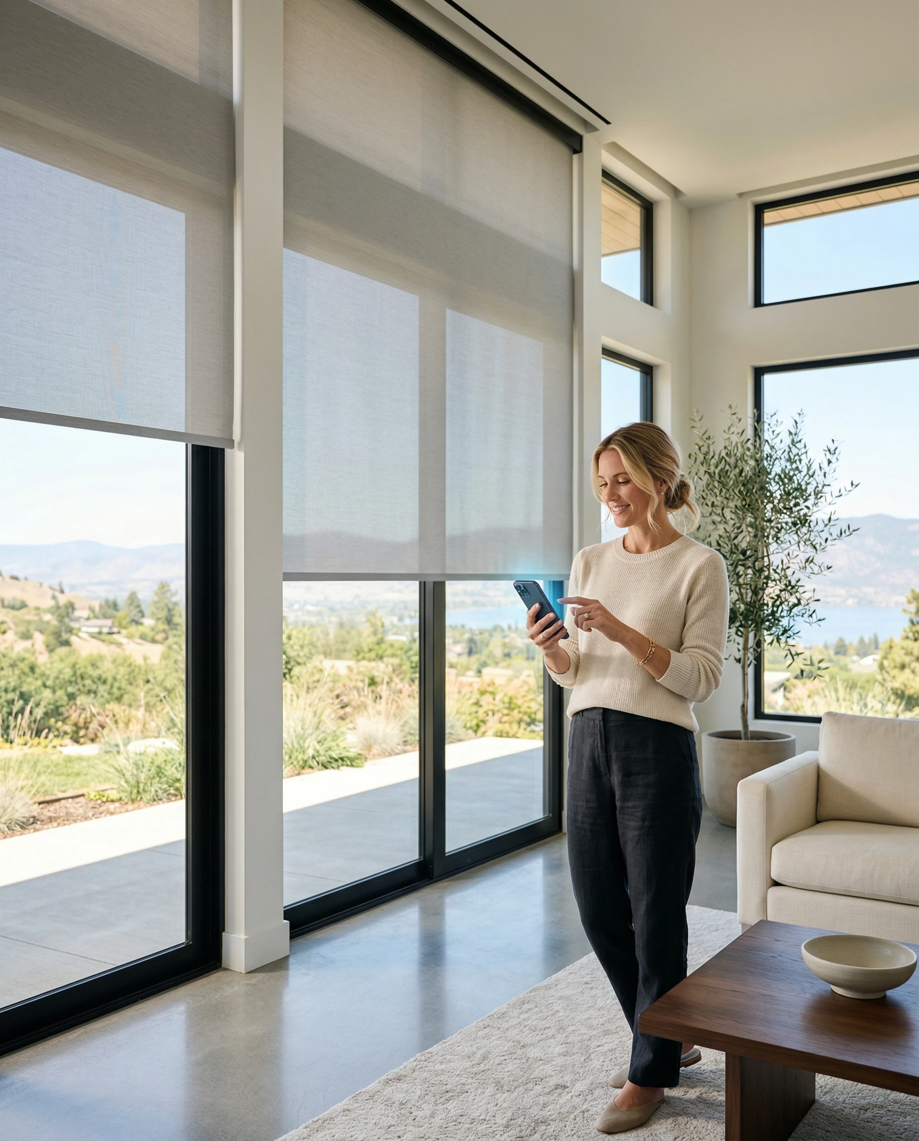 Woman lowering motorized shades from her phone
