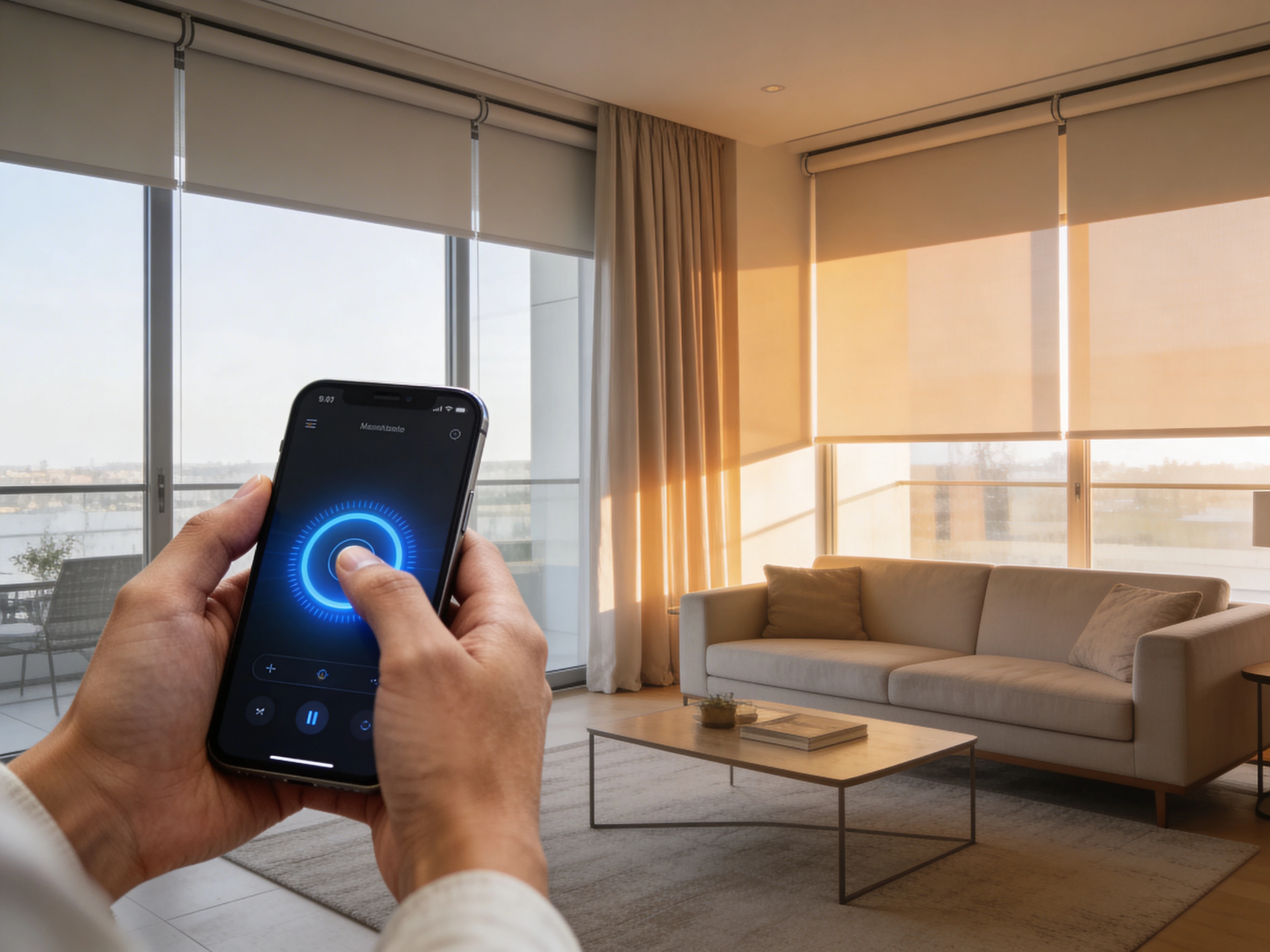 Smartphone app controlling motorized shades in a living room